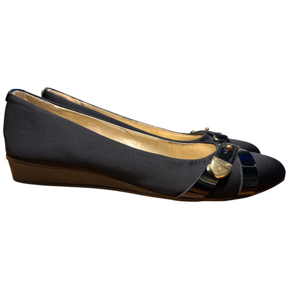 Bandolino Shoes - BANDOLINO Vermillion Women's 8 Black Wedge Flats Comfort Shoes Gold Buckle